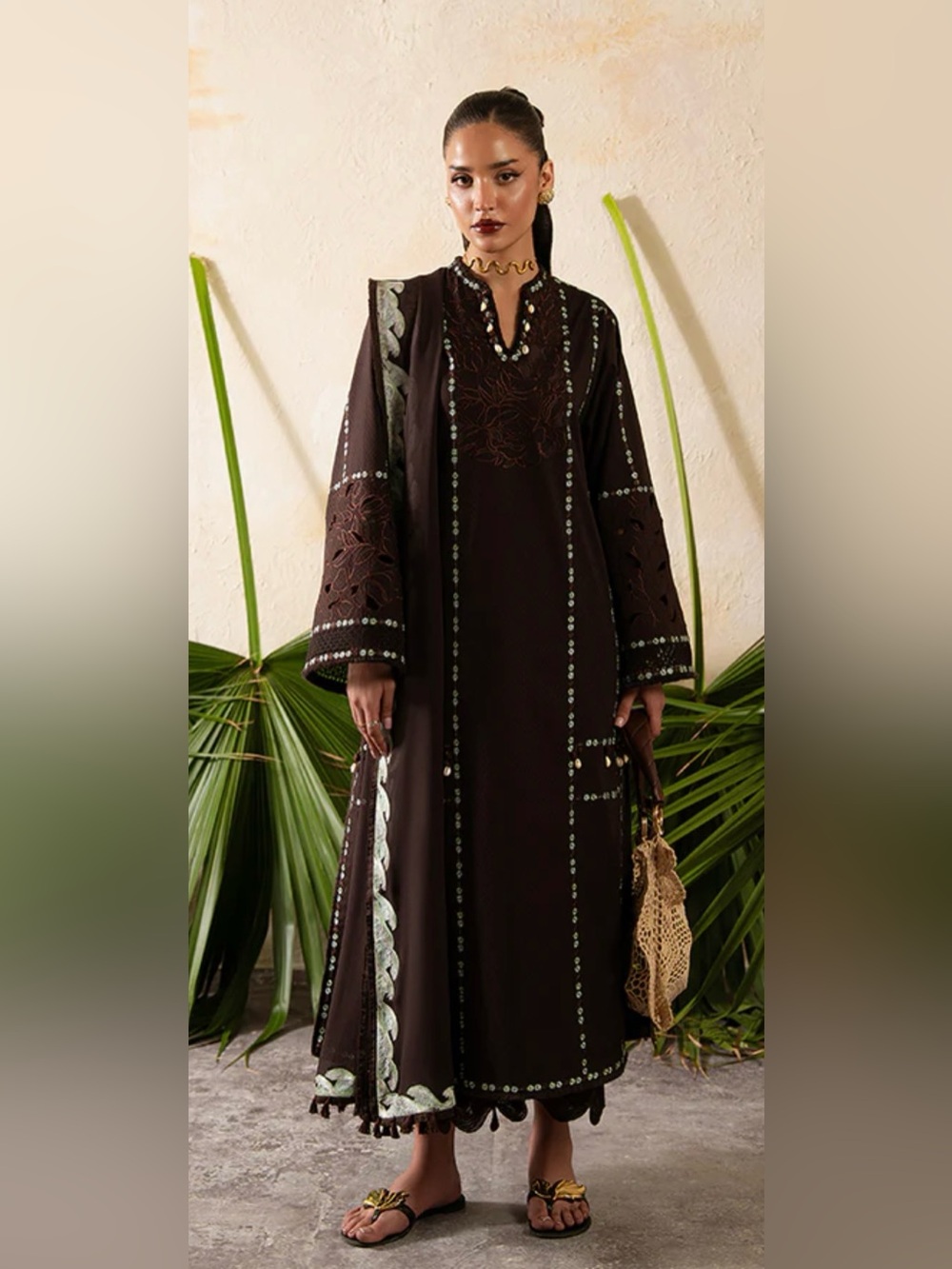 Embroidered Dark Brown Maxi Dress - Women's Long Sleeve
